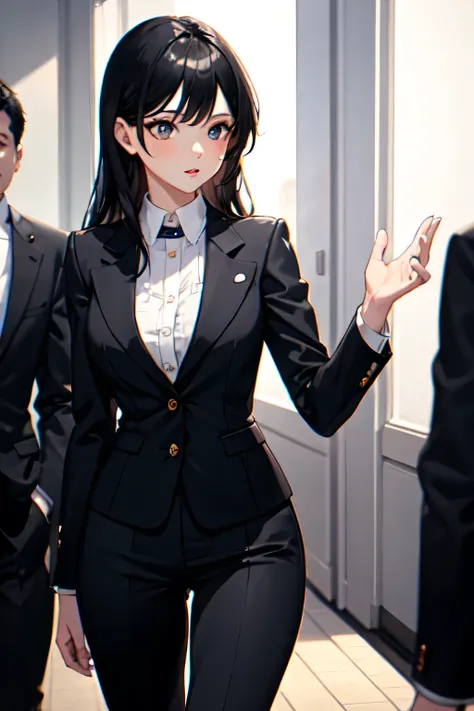  1 girl, black hair, long hair, career woman, suit,president