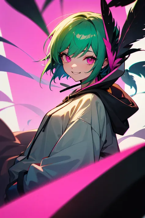 Green Short Hair　Pink eyes　A shirt and a hoodie　Black Feather　smile