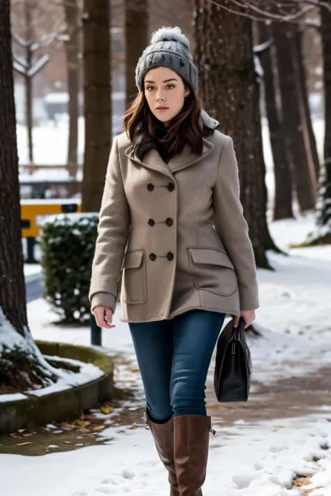 Megan Boone she is 42 years old, In a nice winter outfit , Walk up to the knee with boots,  winter landscape 