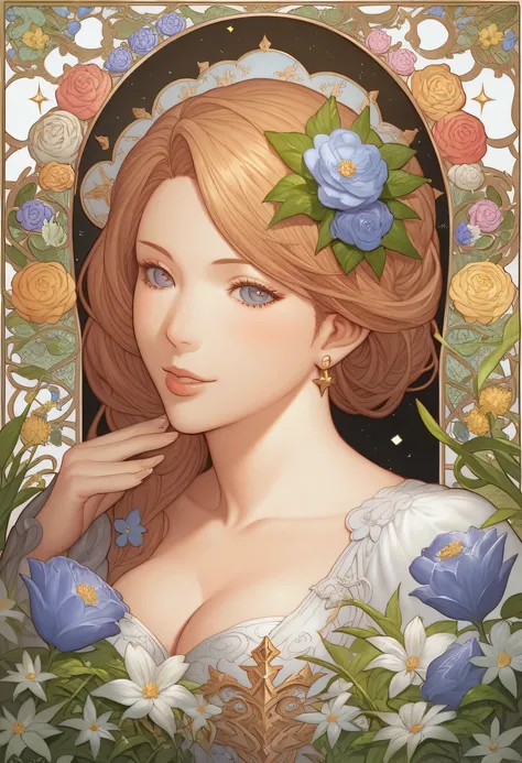 Close up of a woman in a dress with flowers in her hair, Anime Art Nouveau,   Granblue Fantasy by Yukino, Anime Art Nouveau cosmic display,   Korean Art Nouveau anime  ,  Beautiful Anime Art ,  Beautiful Anime Art work,   Fantasy Art Style , Muha style 4K,...