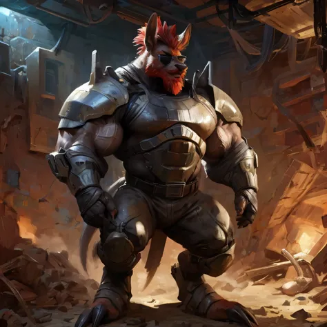 By Taran Fiddler, an alone anthropomorphic badass soldier kangaroo, wearing futuristic body armor, carrying crates in an abandonned underground sewer, (realistic, detailed, american shot, very thick oversized muscles, very thick oversized large massive leg...