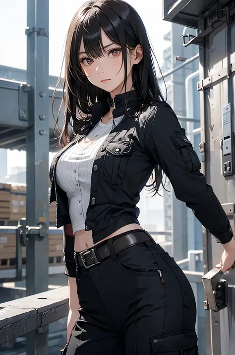  adult woman,  alone,  sexy, 8k resolution,(( top quality)),  ultra high resolution, (Glaring expression), ( red eyes),  beautiful symmetrical face  , ( long black hair),Combat Vest, cargo pants, tactical belt,Realistic:1.4, by Nomi:1.4,( Masterpiece:1.2),...