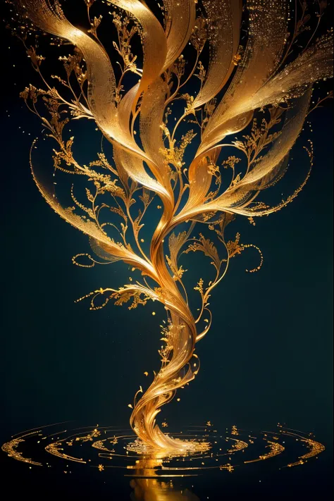  gold background ，A golden tree of fortune，Light particle effects，Light painting rendering ， noble, gorgeous, auspicious and festive style ，Water Ripples，Clear texture，Flow，Fairy tale fantasy，Medium shot，Gilt texture，Sprinkle gold，Particle art， super contr...