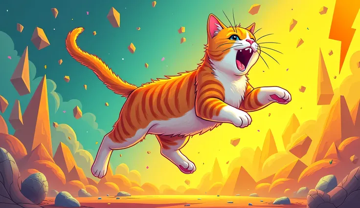 Create a cover for the video  "Sander Discover :  Why Cats Always Fall on Their Feet ? |  Fun Facts and Science for All ".  The image must be vibrant and attractive ,  using flashy colors  (yellow, orange and blue)  and elements that refer to science and d...