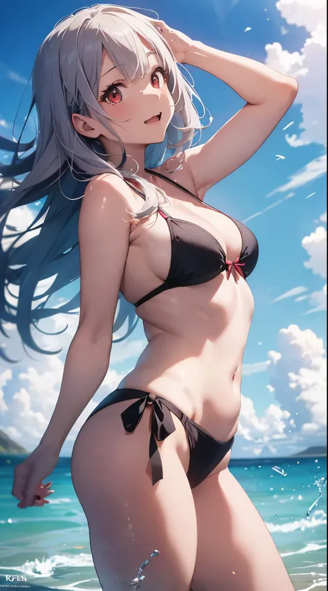 A young and beautiful Japanese woman stands on the pristine sandy beach of a deserted island, wearing a vibrant pink bikini. Her red eyes shine brightly, and her blue hair flows freely in the wind, accentuating her movements. Captured from a low-angle pers...