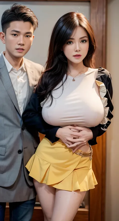 portrait of a Indonesian mommy in ruffled mini skirt, standing with one  (1 boy), Indonesian girl has big breasts, boy grabbing the girl, realistic, high detailing, hyper-realistic, 8k (( boy grabbing girl' waist)) , sexual pose, naughty pose