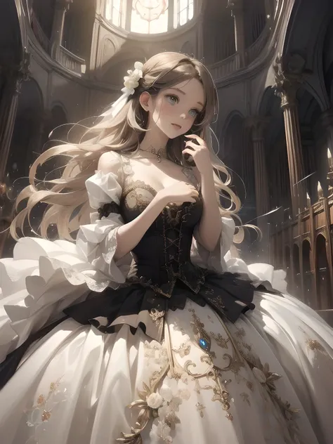  Masterpiece、 so beautiful、Clear contours、Lolita Aristocrat's Cute Poses 、  1800 Victorian Fantasy Cute Poses，In front of a church pipe organ
