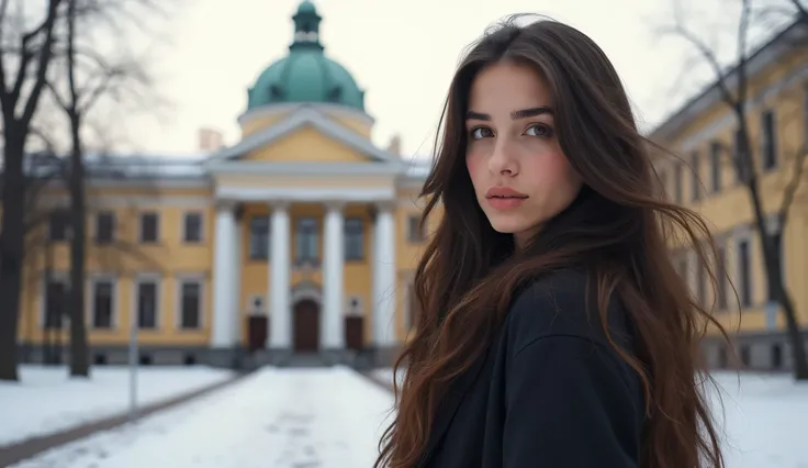 you need to draw a twenty year old Russian girl,  who is a third-year student at the Faculty of Journalism. high,  slim ,  with their long dark hair flowing, they cascade down on their shoulders. She stands in front of the university and is nervous about t...