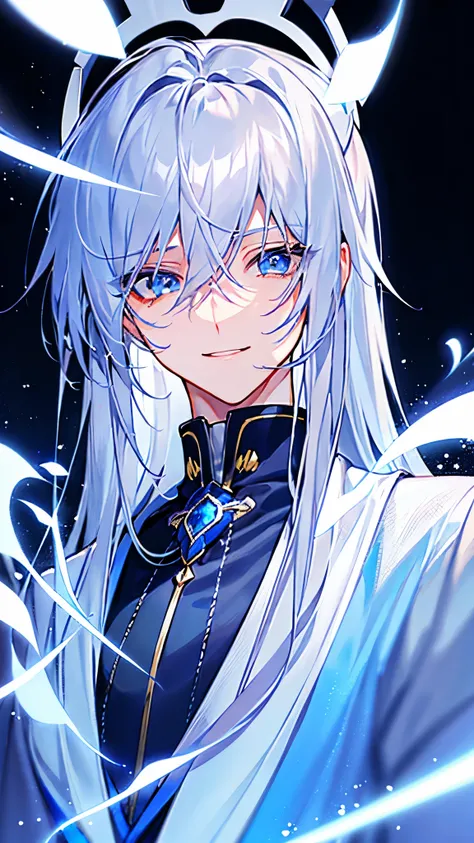 male　  Silver Hair　 blue eyes　 very long hair　1 person　 idol　 idol衣装　 check jacket 　 stage　 Microphone 　smile　 Masterpiece　 Highest Quality　 noise removal 　 transparent parts  　Cinematic Shadows　Enhance the beauty of the eyes 　 transparent parts  the shine...