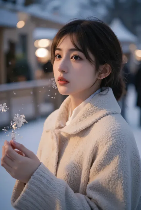 （masterpiece, best quality :1.2), winter,1 woman, [white breath] 、( Fantastic)Winter Festival 、 Snowflakes、❄️、cinematic lighting ,focus on her face,background blur,  fantastic