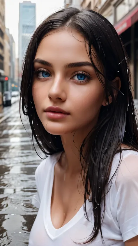 top-quality, ​masterpiece, high resolution, Realistic, Raw photo, ((one beautiful women)), 22year old, Detailed face, beautiful eyes, depth of fields, the city street, Wet in the rain, White T-shirt with V-neck, Wet and see-through t-shirt, big breasts, Fa...