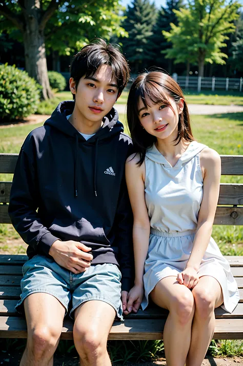    A commemorative photo of her boyfriend and her sitting side by side on a highland bench with a good view of tourist attractions and laughing。   taken in late July   。   My boyfriend is 21 years old   、My hair is a little long 、   wears a light gray long...