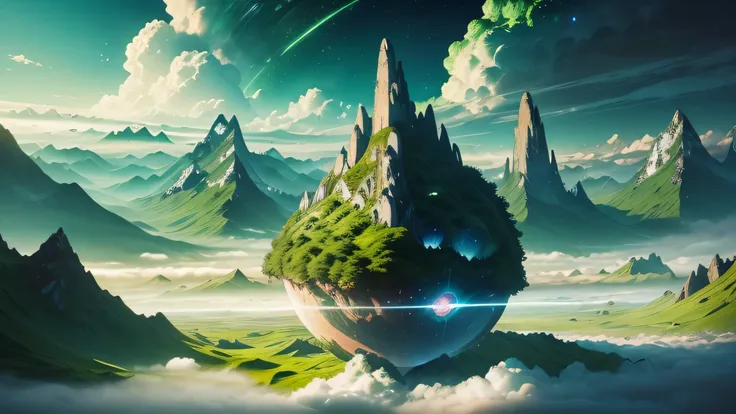  a giant mirror ball floating in space , Twinkling lights, A sad hamster gets lost  ( a heavenly green field surrounded by mountains and clouds:1.3),  Particles in the air , Divine Light,  background ,  Complex Fractals ,  detailed, (illustration),  master...