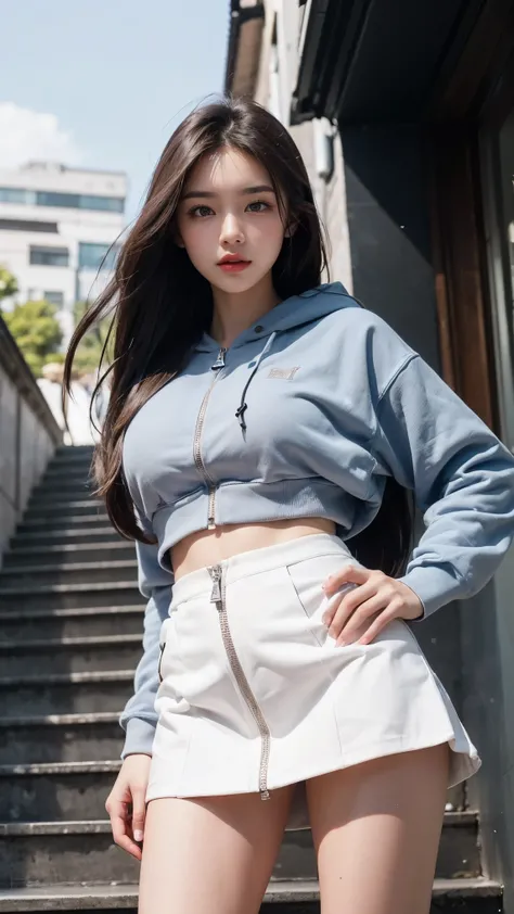 ai_kase, (Popular Shopping Malls:1.2), (A popular area with many luxury brand shops:1.2), (Beautiful woman standing by the alley of the luxury brand shop district:1.3), (She is wearing a Front zipper sweatshirt hoodie With side Ribbon:1.3),break, (She is w...