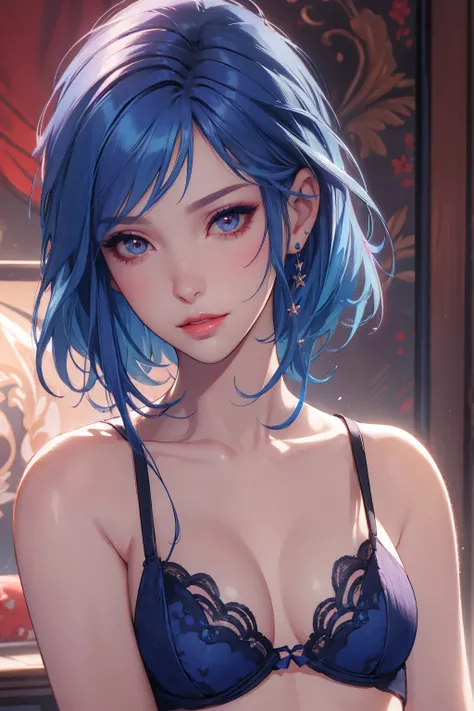 1girl,a beautiful fashion model ,(masterpiece, detailed background, best quality), short and shiny hair, blue hair,smirk,juicy lips,red lips, lingerie, stripping, elegant makeup, exhibitionism, chloe price, alt girl