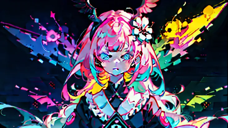  Anime Girl, , NEON PINK AND BLACK , scar,  stickers ,  NEON STYLE FULL SHOT 、 Bandaged Heart Inside A Birdcage、 1 girl, 