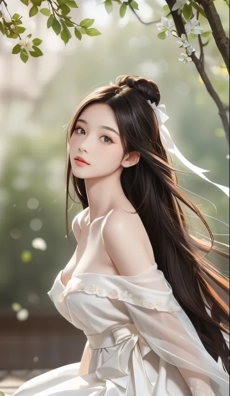 (long hair: 1.6), flowing hair, (white ribbon on hair), best quality, masterpiece, illustration, extremely exquisite beauty, Very detailed, CG, , 8k wallpaper, Astonishing, fine details, masterpiece, best quality, official art, Very detailed CG Unity 8k wa...