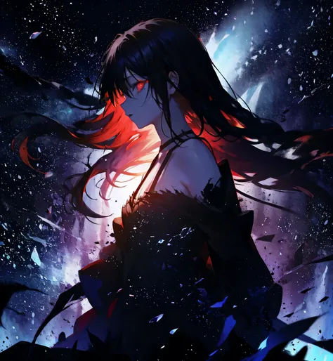  manga girl in profile with very red eyes that are scary,  the atmosphere of the image is creepy and weird , il a des taches noirs et des traits noirs, black lights , long hair,  wearing a damaged and stained neckline 