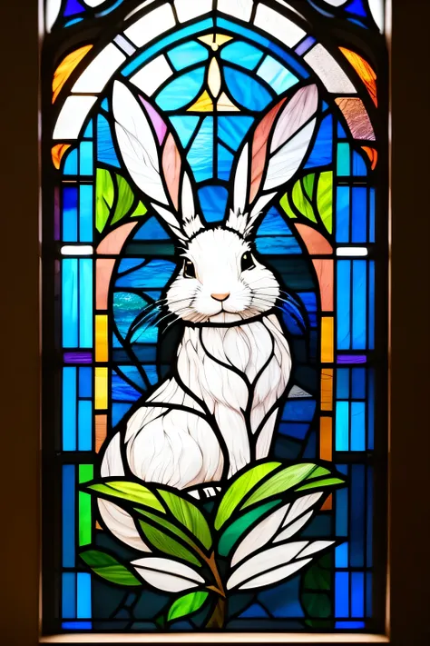  tendglass style illustration， stained glass ， stained glass 風アート， colorful images ，Shining big rabbit