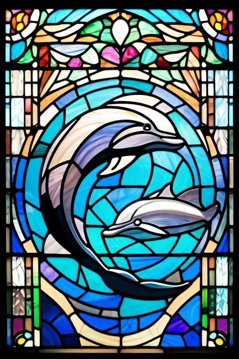  tendglass style illustration， stained glass ， stained glass 風アート， colorful images ，shining dolphin