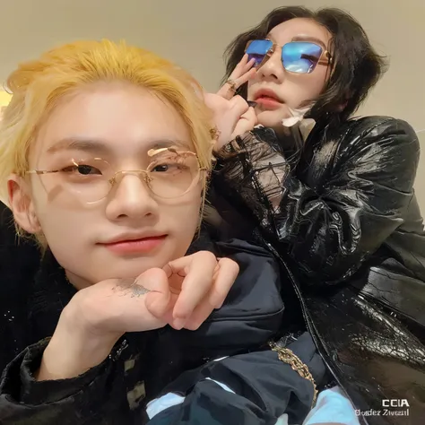 blond haired man with yellow hair and sunglasses sitting next to a woman, kda and sam yang, bladee from drain gang, 📷 mungojerrie and rumpleteazer, cai xukun, jia, spring day, vibrant aesthetic, with black, ruan jia and brom, taken in 2 0 2 0, smooth in _ ...