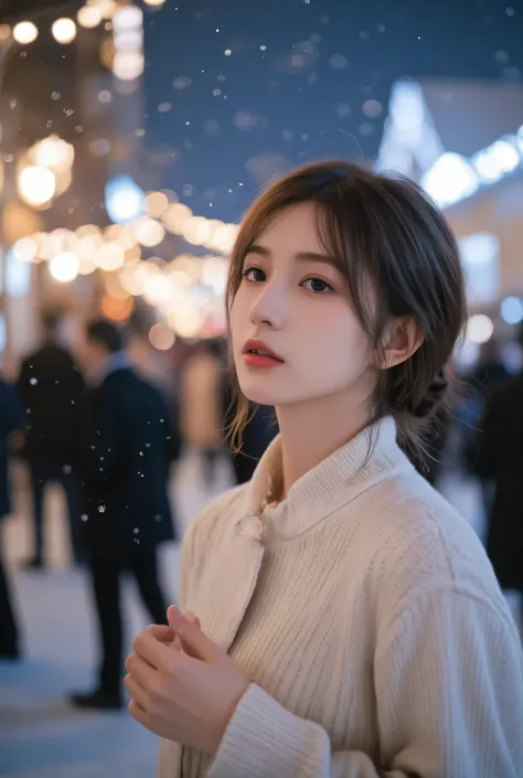 （masterpiece, best quality :1.2), winter,1 woman, [white breath] 、( Fantastic)Winter Festival 、 Snowflakes、❄️、cinematic lighting ,focus on her face,background blur,  fantastic