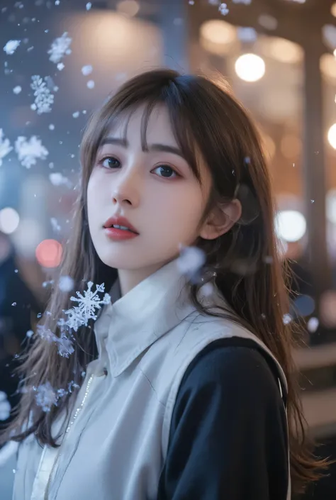 （masterpiece, best quality :1.2), winter,1 woman, [white breath] 、( Fantastic)Winter Festival 、 Snowflakes、❄️、cinematic lighting ,focus on her face,background blur,  fantastic