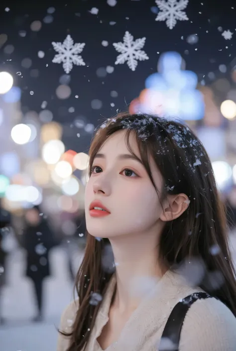 （masterpiece, best quality :1.2), winter,1 woman, [white breath] 、( Fantastic)Winter Festival 、 Snowflakes、❄️、cinematic lighting ,focus on her face,background blur,  fantastic