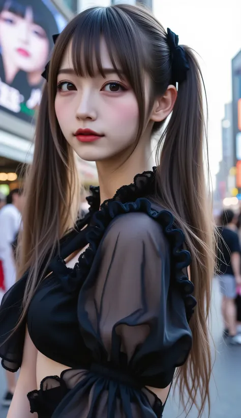 ultra-realistic, photorealistic, dramatic scene, shadow, global-illumination, solo, (age Japanese famous idol girl), very beautiful fragile Japanese girl, very beautiful with very cute face, black long twin tails, (wearing a traditional maid costume with f...