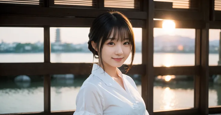 ( top quality, Masterpiece:1.3, ultra high resolution),( super detailed, caustics,8k), ( photorealistic :1.4, RAW shooting),sunset,Kyoto, Japanese,20 years old, cute,(smile), staring at the camera, black hair short ,white shirt dress, bust up shot ,high an...