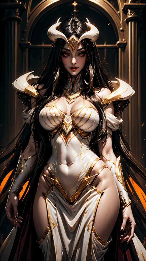 A (super realistic) beautiful sexy woman(albedo _overlord) with (glossy orange eyes) and white attire(detailed with perfect sharpness ) with gold jewellery on sexy breast, beautiful  breast(perfect shape and size), red lips, black long beautiful hair, hype...