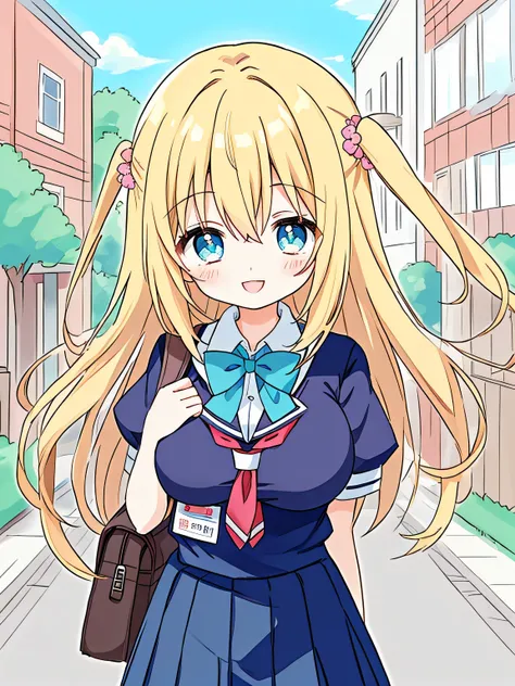  anime style for beautiful breasts、's greatest masterpiece、 high quality、 Details、 cute、 Beautiful Eyes、 highlight your eyes、Around  、Big Breasts、 school uniform、Carrying a business bag、Pass through a residential area、Smiling