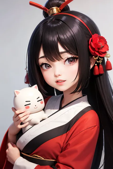   Cute Japanese doll close-up  ,  Bright red and black robes ,   .   Carefully Designed  ,   anime-style 3D design showing every line of her red kimono ,   Even in 8K HD   , Render in 3D,    shows the most detailed Japanese art form in CGStation  ,   using...