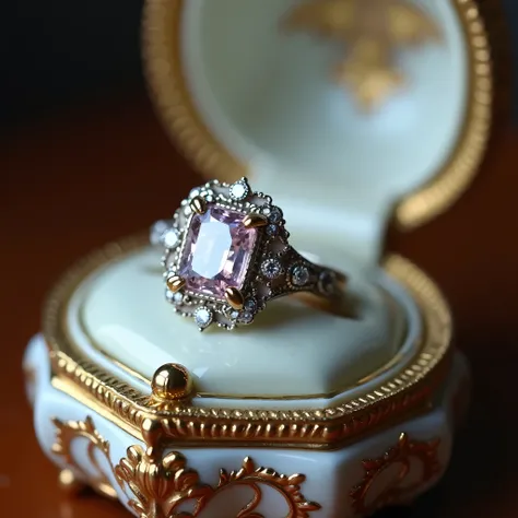 A masterfully crafted 20-million-dollar family heirloom engagement ring, featuring a 16-carat antique cushion-cut diamond with a rare pinkish hue, encased in a Victorian-style setting with hand-carved platinum filigree and tiny diamond-encrusted leaves. Th...