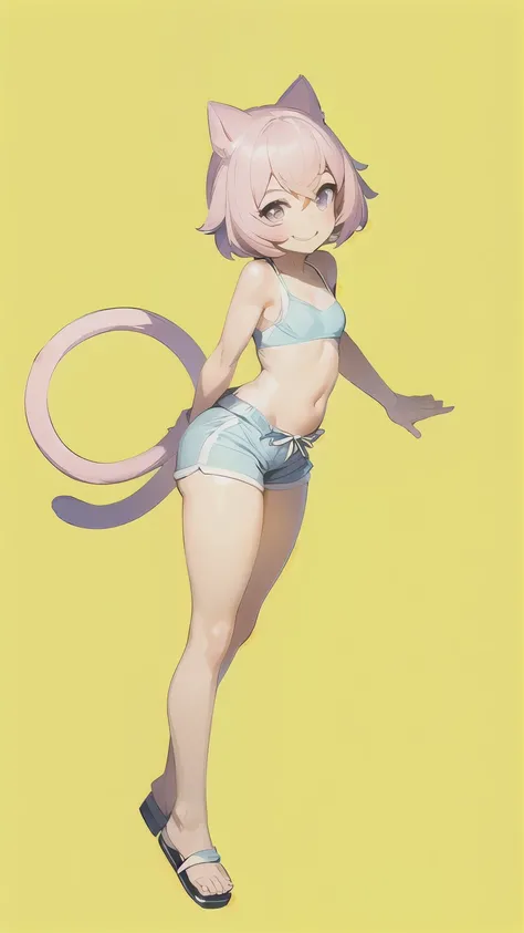 A cat-girl with short pink hair and bright purple eyes based on the Pokémon Mew style..  It has a long tail the same shade as her hair with an oval tip.... She has small but prominent breasts..., marked abdomen , small waist, narrow hips,  round butt and t...