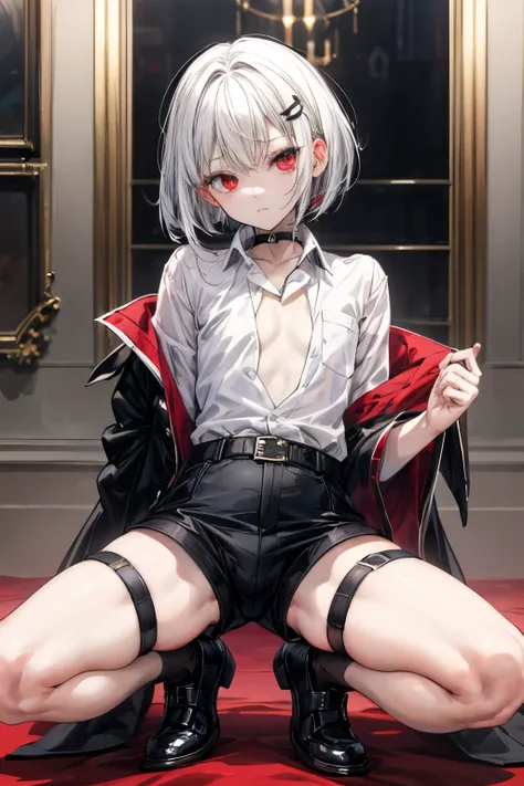 ((최고의 품질)), ((걸작)), (상세한), 완벽한 얼굴, SOLO, 1 BOY, SHOTA, ANIME, beautiful detailed eyes, BOB hair, WHITE hair, RED EYES, BARE thighs, (((BARE LEG))), ((BLACK short pants)), (((dress shirt))), Flat chest, Choker, expressionless, (Thigh strap), Royal palace, G...