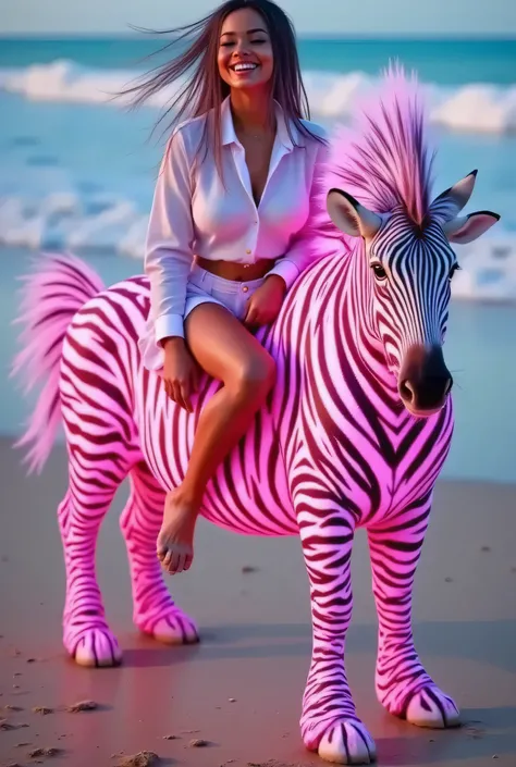 a female on a beach wearing a white buttoned shirt, she is sitting in a neon pink Zebra, laughing out loud , photorealistic, surrealism, calm, high quality