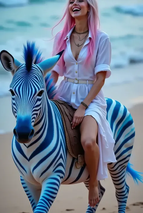 a female on a beach wearing a white buttoned shirt, she is sitting in a neon blue Zebra, laughing out loud , photorealistic, surrealism, calm, high quality