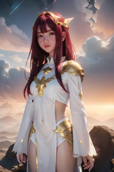 ((masterpiece, best quality, extremely detailed), volumetric lighting, ambient occlusion, colorful, glowing), 1girl, solo, young girl, (maroon hair with bangs), long hair, halo, aura, sacred, goddess, cleric suit, (white outfit with gold detailst:1.3), arm...