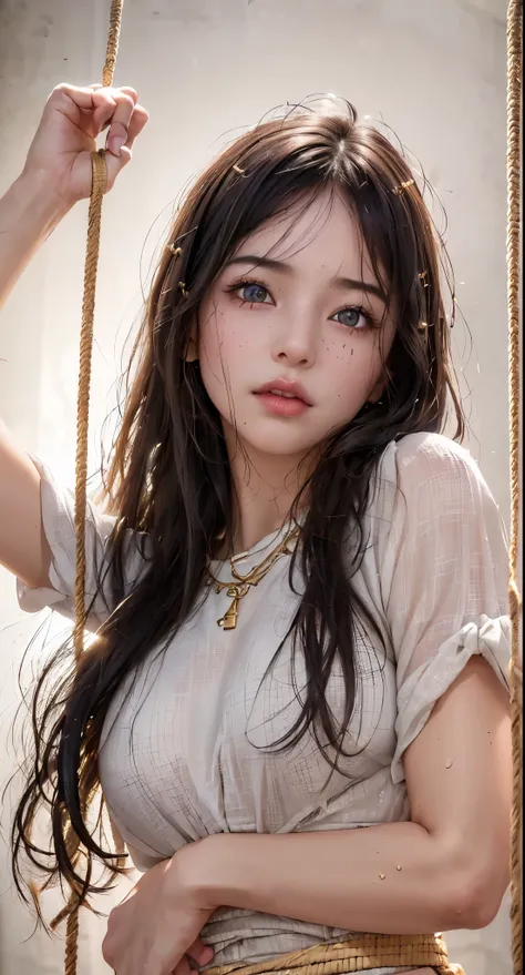  super beautiful glowing eyes、  girl hanging from the ceiling with her arms tied with rough ropes、sweating、 her body was tied with a rope 、 wet body、A rough rope that cuts through the skin 、  hanging with shackles 、  is hanging one leg on top with a rough ...