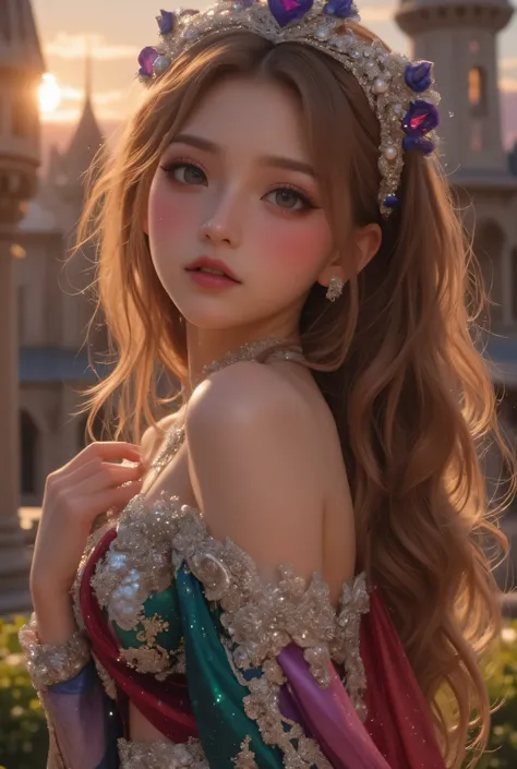 lors, deep contrast, super real, pink lipstick, lovely atmosphere, cinematic composition, close-up of face. She is wearing a breathtakingly opulent princess dress with flowing, multi-layered fabrics in a mesmerizing blend of royal blue, deep crimson, emera...