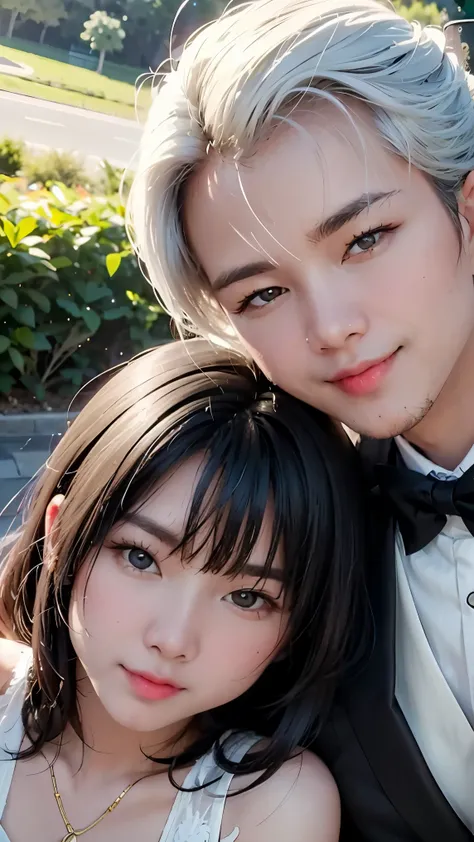 double expose. an old couple with white hair sitting under the sky, lying head on shoulder. in the sky, a close up young couple in wedding outfits smiling at each other