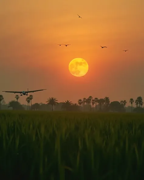 Indian farming cinematic farm evening, peaceful evening, birds flying above the farm , greenary cinematic, big grass farm, big orange sun on head , realistic small airoplane flying at large distance, large sun , sad environment, emotional 