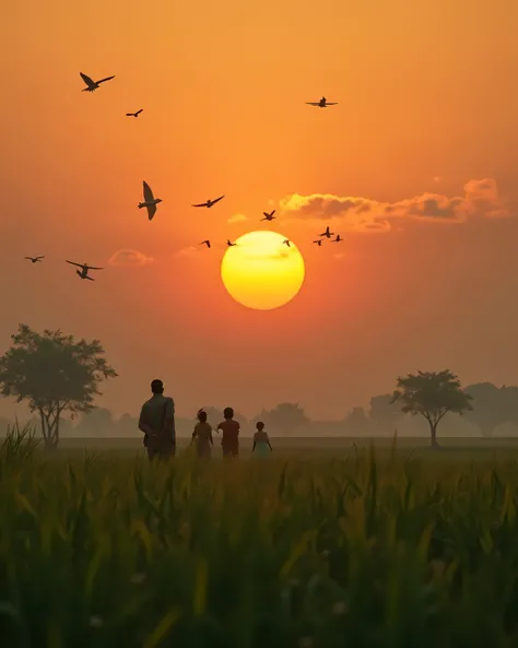 Indian farming cinematic farm evening, peaceful evening, birds flying above the farm , greenary cinematic, big grass farm, big orange sun on head , realistic small airoplane flying at large distance, large sun , sad environment, emotional 