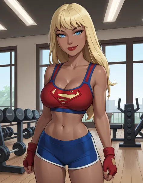 PonyXLV6_Scores BREAK ((parody), perfect anatomy, perfect eyes, cowboy shot) BREAK kara zor-el, long hair, blonde hair, blue eyes, dark-skinned female, lipstick, red lips,  ((looking at viewer)), superhero, periwinkle racerback bra, periwinkle workout shor...