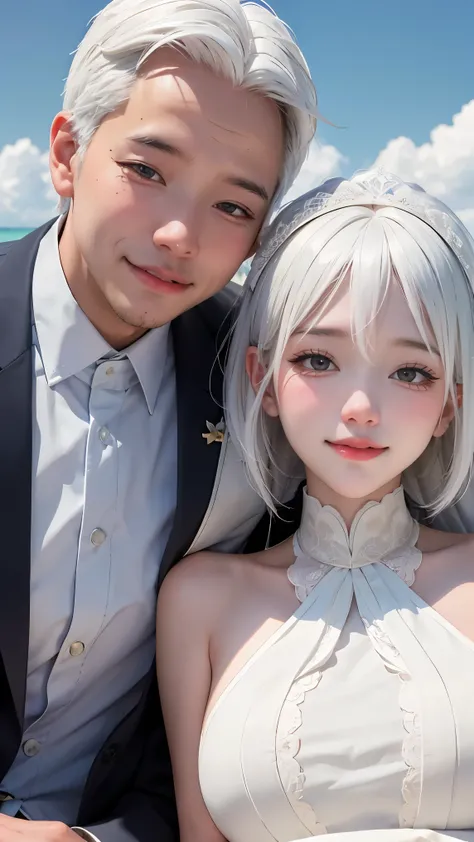 undefineddouble expose. an old couple with white hair sitting under the sky, lying head on shoulder. in the sky, a close up young couple in wedding outfits smiling at each other