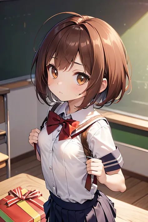 ((((Petite:1.5)))),(Short hair:1.5),(red brown hair:1.5),shyness,
,,(verysmall breasts:1.5),Classroom,,(give a present:1.5),(school uniform:1.5)

