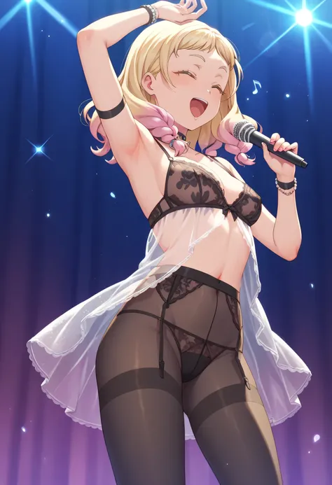 An image of natsumi onitsuka wearing transparent lingerie with garter belts and black tights,  singing and dancing on stage .  