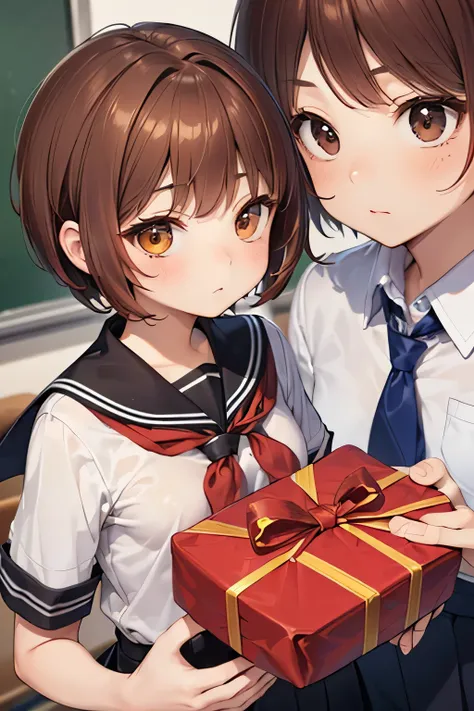 ((((Petite:1.5)))),(Short hair:1.5),(red brown hair:1.5),shyness,
,,(verysmall breasts:1.5),Classroom,,(give a present:1.5),(school uniform:1.5)

