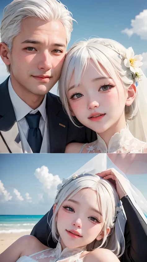 ((double exposure)). an old couple with white hair sitting under the sky, lying head on shoulder. in the sky, a close up young couple in wedding outfits smiling at each other